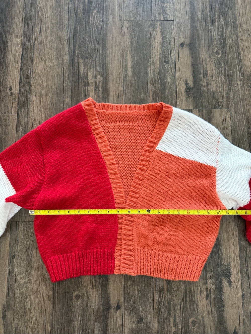 Colorblock Cropped Knit Open Cardigan V Neck Red, Orange White Casual Boho XS - Picture 10 of 11
